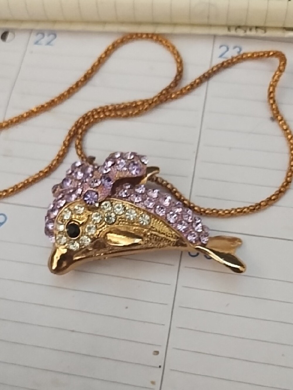 Betsey Johnson Gold Dolphin Pendant Necklace with Clear and Lavender Rhinestones - Picture 2 of 6